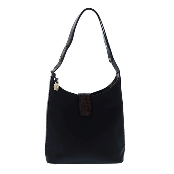 Vintage Brahmin Solid Dark Nylon Croc Style Leather Handle Accents Shoulder Bag - Picture 4 of 16